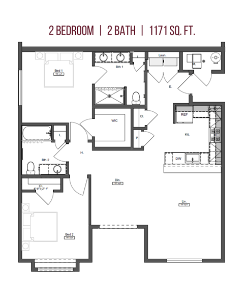 Floor plan for 2 beds, 2 baths, 1171 sqft